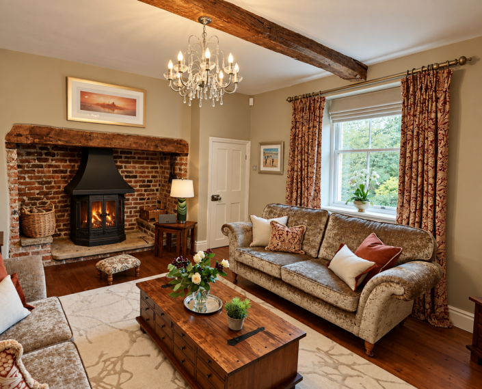 Traditional living room with exposed oak beams, brick fireplace and wood-burning stove